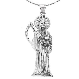 Santa Muerte (Grim Reaper) in Sterling Silver Pendant Necklace, 22"