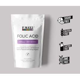 Folic Acid Tablets 400µg - 365 Vegan Vitamin B9 Tablets - 12 Month Supply - Pregnancy Care - Normal Function of Immune System & Maternal Tissue Growth During Pregnancy - Made in The UK by FMax5