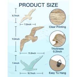 Putuo Decor 3pcs Seagull Wall Decor, Wooden Sea Bird Wall Hanging with Hooks, Ocean Home Decor Indoor Beach Art Decor for Bathroom Beach Room Decor Living Room Lake Decor for Home