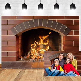 OERJU 7x5ft Red Brick Wall Fireplace Backdrop Burning Firewood Blazing Fire Winter Christmas Party Decoration Photography Background Kids Baby Adult Portrait Photo Booth Shoot Vinyl Studio Props