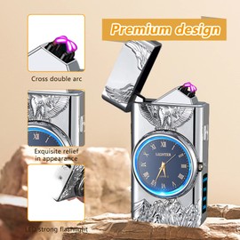 TIKIUKI - Encendedor de plasma recargable por USB con visualización LED, encendedor de arco con esfera de reloj, visualización de hora y encendedor fresco para el día del padre (plateado)