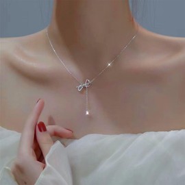 Vacaonio Bohemian Silver Crystal Bow Necklace Teardrop Cz Y Pendant Necklace Rhinestone Bow Tie Lariat Necklace Choker Sparkling Crystal Y Drop Necklace Chain Jewelry for Women