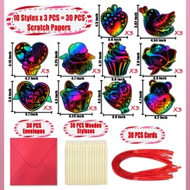 PARTYWIND Valentines Crafts for Kids, 30 Pack Scratch Art Paper Crafts for Kids School Classroom Exchange, Valentine's Day Cards with Envelopes, Valentines Party Decorations Supplies Favors