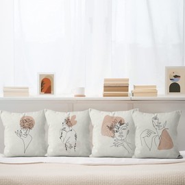 Boho Cushion Cover 40 x 40 cm Set of 4 Modern Abstract Art Girls Face Body Sofa Cushion Cover Decorative Cushion Covers Washable Polyester Flax Textile Outdoor Cushion Pillowcase