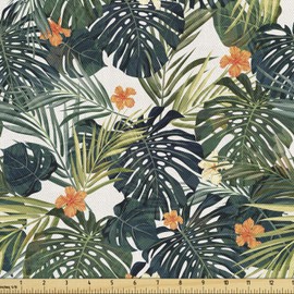 Ambesonne Floral Fabric by The Yard, Botanic Tropic Leaves and Flowers Hawaiian Theme Summer Plants Illustration, Decorative Fabric for Upholstery and Home Accents, 1 Yard, White Green