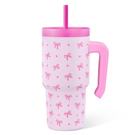 Bow Tumbler 20oz with Handle and Silicone Straw Lid for Kid, Insulated Stainless Steel Cup, Gift for Kids Girls, Gifts Idea for Birthday Christmas Back to School