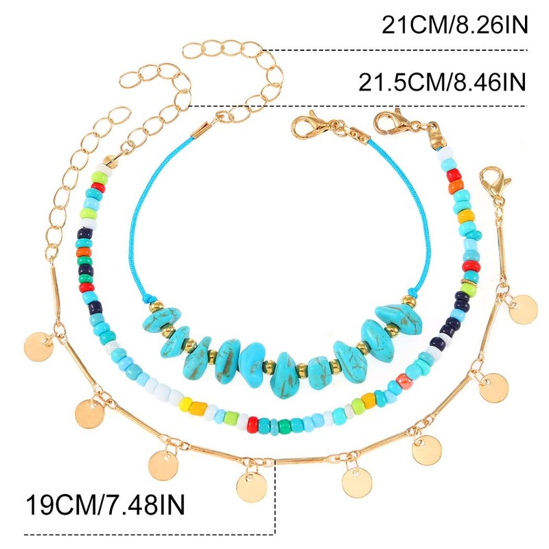 Fashband Boho Layered Anklets Turquoise Beaded Ankle Bracelets Sequins Beach