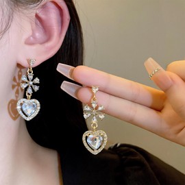 W WEILIRIAN Boho Crystal Heart Earrings Rhinestone Flower Earrings Love Heart Drop Earrings Sparkling CZ Heart Earrings Paved Heart Earrings Jewellery Women, Alloy Steel, Artificial Gemstones
