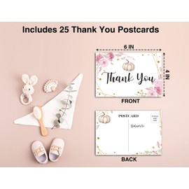 Fall Thanksgiving Thank You Post Cards, Blush Pink Boho Floral Baby Shower Thank You Card, Little Pumpkin Baby Shower Decorations For Boys Girls,Gender Reveal Party Favors Supplies,02(25 Pack)