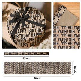 Gift Wrapping Paper Roll - Birthday Kraft Wrapping Paper Vintage Style Paper Perfect for Men Women Brown Kraft Paper with Black Pattern Gift Wrap for Birthday Party- 17 inch X 120 inch(10 feet)