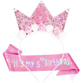3 Stücke Geburtstagskrone MäDchen SchäRpe Set Birthday Girl Krone Tiara SchäRpe Geburtstag Perfekte für Geburtstagsfeiern Kinderpartys und Besondere AnläSse Geburtstagsdekorationen(5 Jahren)