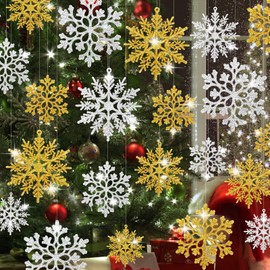 AnyDesign 40Pcs Christmas Snowflake Ornaments with Rope 2 Design Glitter Gold Silver Snowflakes Assorted Snowflakes Hanging Decorations for Xmas Winter Christmas Tree Decorations DIY Craft, 3.9"