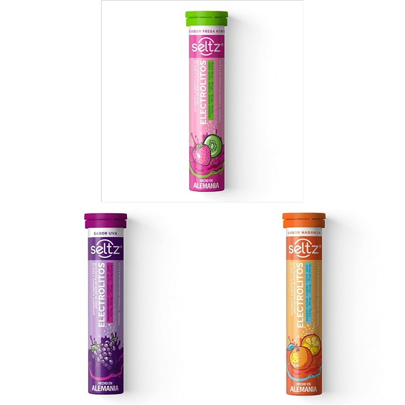 SELTZ Kit Electrolitos Tableta Efervescente, Sabores fresa kiwi, uva y