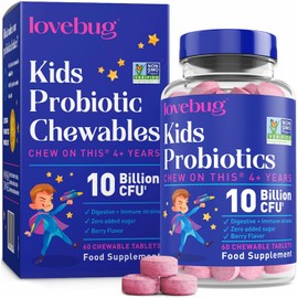 lovebug PROBIOTICS for Kids – Probiotic Chewables with Prebiotic Fiber for Age 4+, Daily Children's Gut Health, Constipation, Digestive & Immune Support Supplement, Sugar-Free Berry Flavor, 60 ct