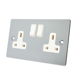 Alliance Electrical FPC2GSOCWH Polished Chrome Flat 2 Gang White Insert Plastic Rocker Switches-13 Amp Double Plug Socket, 240 V
