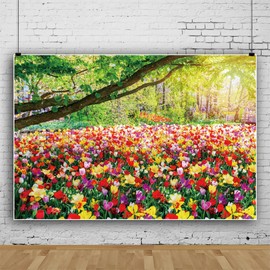 Bovlleetd 7x5ft Spring Scenery Photo Backdrop Greenery Tree Watercolor Florals Field Background for Photography Nature Garden Scenic Wallpaper Outdoor Valentine's Day Photo Studio Props Vinyl