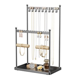 Josmimic 3 Tier Black Jewelry Stand, Necklace Organizer, Earring Holder with 44 Holes and 9 Hooks, for Necklaces, Bracelets, Rings