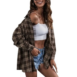 HangNiFang Flannel Shirts for Women Oversized Coffee Plaid Shirts Blouse Tops(0368-Coffee-XXL)