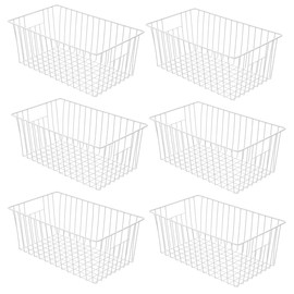 Freezer Baskets Organizer, Refrigerator Metal Wire Storage Divider, Household Container Bins with Handles for Kitchen, Pantry, Cabinet, Closets - Pearl White (6, 16in x 10in x 5.5in)