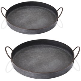 Hipiwe Set of 2 Industrial Style Metal Iron Serving Tray with Handle, Rustic Galvanized Storage Tray Round Coffee Table Home Decor Centerpiece Tray, 13.6 inch and 12.2 inch