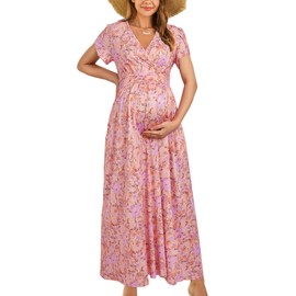 OUGES Maternity Maxi Dress Wrap V Neck Baby Shower Pregnancy Dresses for Photoshoot Summer Maternity Clothes 2024(Floral-17,L)