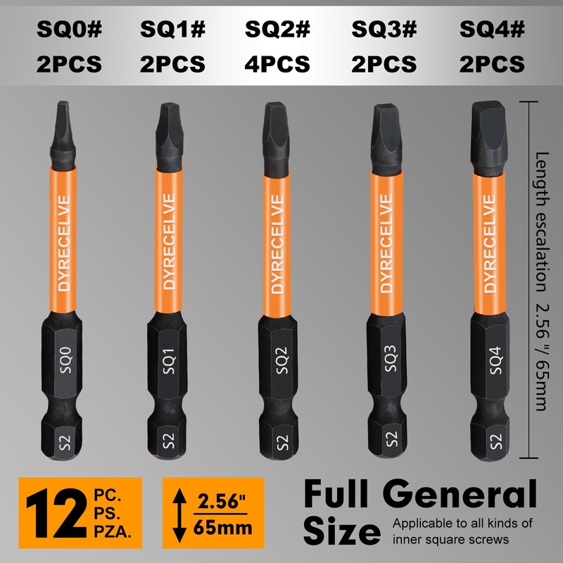 12-Pack Square Drive Bits- PREMIUM S2 Alloy Steel Square Bit