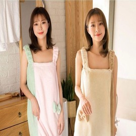 Banded two-tone dress, microfiber shower gown, wrap skirt, bath towel Beige-white/FREE