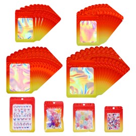 Beadthoven 40pcs 4 Size Mylar Holographic Resealable Bags Set Clear Window Packaging Bags Pouch Mylar Ziplock Smell Proof Bags for Small Bussiness Sample Jewelry Candy Food Packing Supplies Red