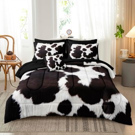Bedbay Cowhide Comforter Set Queen Size Bed in a Bag Set Boys Girls Western Farmhouse Cow Print Bedding Set Black White Brown Cowhide Printed Rustic Bedding Comforter 8 Pieces (Cow Print,Queen)