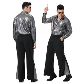 Owurha Men's Disco Outfit 70s Costume Set with Shirt, Bell Bottom Pants, Wig, Sunglasses, Mustache, Necklace, Medium, Silver