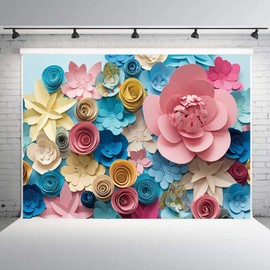 Paper Flower Backdrop for Mother's Day - Colorful Flowers Wall Photography Background - Lovely Style Blue Pink - Women Girls Birthday Party Decoration - Portraits Shooting Props (7x5ft)