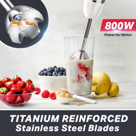 Mueller Multistick 800W 4-in-1 Immersion Blender Handheld, 12 Speed Hand Mixer - Turbo Boost, Heaviest Duty Copper Motor, Titanium Blades Hand Blender, Milk Frother Wand, Whisk, Beaker, Chopper, White