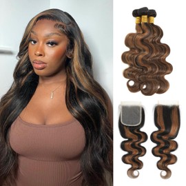 Anmetan FB30 Brown Highlight Bundles with Closure Human Hair 18 20 22+18 Inch, Ombre Body Wave 3 Bundles with 4x4 HD Transparent Lace Closure 10A Unprocessed Soft Remy Hair Balayage Hondy Blonde Color