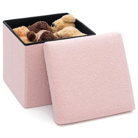 LUSIMO Folding Storage Ottoman Bench, 15 Inch Boucle Small Ottoman Foot Rest for Couch, End of Bed Bench with 397 lb Capacity, Storage Chest for Living Room, Bedroom, Entryway Pink