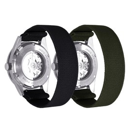 PTFULUOS 2 Pack Fabric Braided Stretchy Solo Loop Watch Band - Compatible with 18mm 20mm 22mm - Quick Release Sport Elastic Replacement Straps for Men Women (S/18MM, Black + Green)