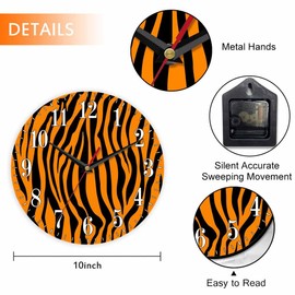 Mxocom Tiger Orange Black Stripe Wall Clock Abstract Wildlife Asia Nature Jungle 10 Inch Silent Non Ticking Battery Operated Clock Vintage Round Clock for Living Room Bedroom Bathroom Office Decor