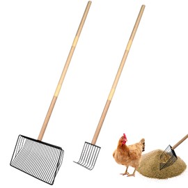 succulentlovers 2 Pack Chicken Poop Scooper & Chicken Coop Rake, Large Metal Chicken Scoop 3 in 1 Sifting Shovel Wooden Handle, Detachable Chicken Coop Cleaning Tools for Chicken Coop Accessories