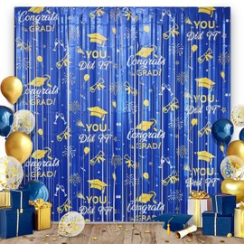 2 Pack Graduation Foil Fringe Curtain 3.3Ft x 6.6Ft Blue Gold 2025 Graduation Party Decorations Metallic Tinsel Curtain Photo Booth Backdrop for Graduation Prom High School University Party Supplies