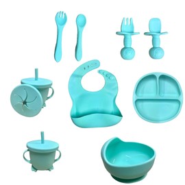 HAPPYTOYS set de Alimentación Complementaria para bebes. 10 piezas. Incluye vaso entrenador bebe, platos para bebe, cucharas para bebe, cubiertos para bebe. Facilita la alimentacion (Verde)