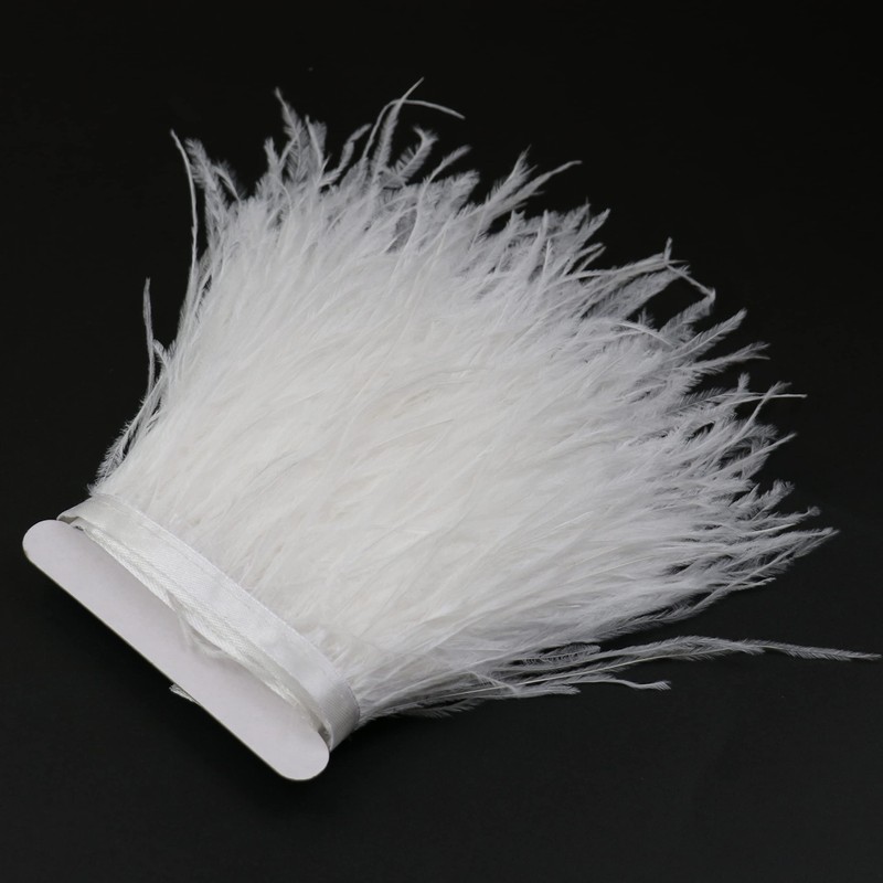 1m White Ostrich Feathers Fringe with Satin Ribbon for Dresses,