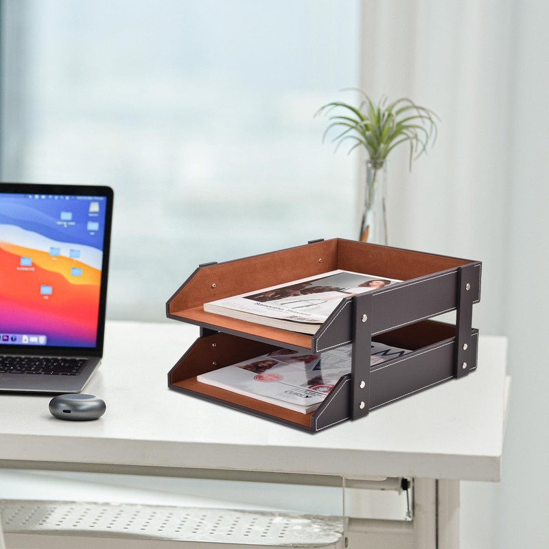XNONE Leather Desk Organizer,2-Tier Stackable Letter Tray Holder,Office Supplies Desktop