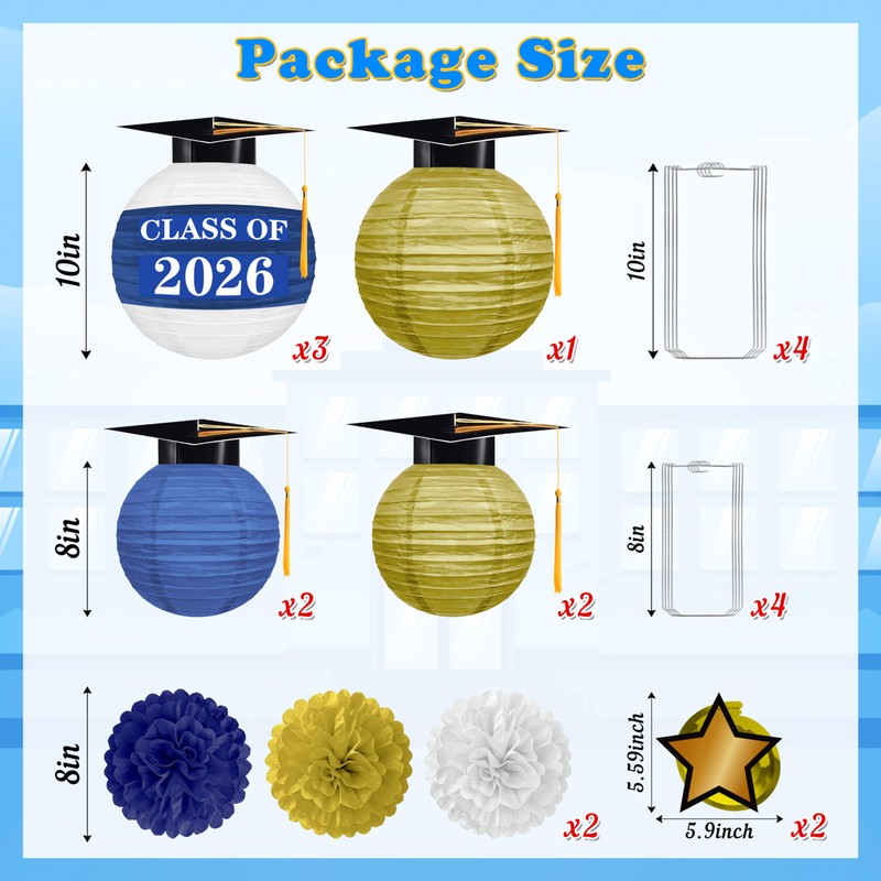 16Pcs Graduation Cap Paper Lanterns Party Decorations - Blue and