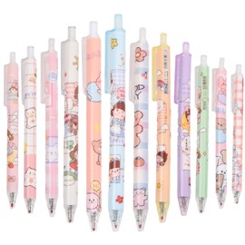 Wisebom Cute Cartoon Gel Pen 12 Pieces Retractable Kawaii Gel Pen 0.5 mm Black Neutral Pen Black Ink Retractable Ballpoint Pen for Adults Students School Office Supplies