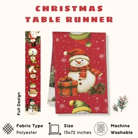 Christmas Table Runner - Xmas Seasonal Table Runners - Watercolor Snowman Table Runner, Christmas Table Runner Snowman, Christmas Tree Snowflake Table Runner - 13 x 72 Inch Table Runner