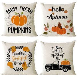 YeeJu Fall Decor Pillow Covers 12x12 Set of 4 Pumpkin Maple Leaf Outdoor Fall Throw Pillows Thanksgiving Autumn Farmhouse Decorative Cushion Case for Home Couch Sofa Decorations (12 inch)