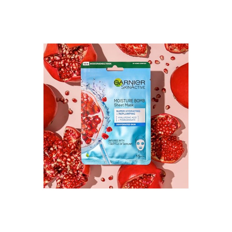 Garnier Moisture Bomb Pomegranate and Hyaluronic Acid Sheet Mask, Super