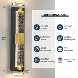 WOSHITU LED Wall Sconce Light: 19 Inch Black & Gold Modern Sconces Wall Lighting 3000K Dimmable Crystal Wall Lamps Indoor Bathroom Sconce Wall Mount Light Fixtures for Living Room/Bedroom/Hallway