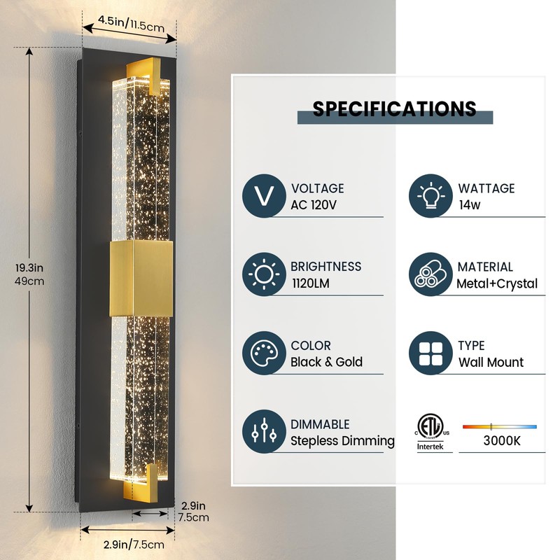 WOSHITU LED Wall Sconce Light: 19 Inch Black & Gold