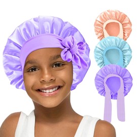 3Pcs Kids Silk Satin Bonnet for Sleeping - Baby Hair Sleep Bonnet,Kids Bonnets for Girls Toddler Child with Wide Elastic Tie Band,Sleep Cap Night Hair Hats for Curly Natural Hair(Purple+Blue+Gold)