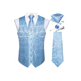 DiBanGu Mens Vest and Tie Set Formal Paisley Waistcoat and Necktie Pocket Square Cufflinks Silk Suit Vest for Tuxedo Wedding, Sky Blue, XX-Large